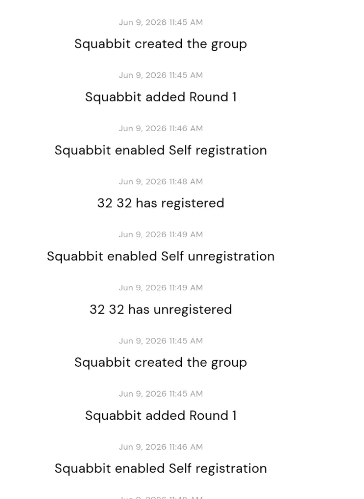 The admin activity feed showing a chronological log of group activity