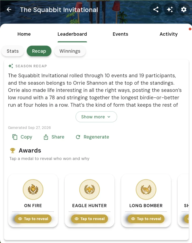 The season Recap tab in Squabbit showing the AI-generated season write-up with the awards row below it