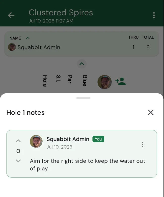The hole notes sheet opened from a hole number on the Squabbit scorecard, showing tips from other golfers and their vote counts