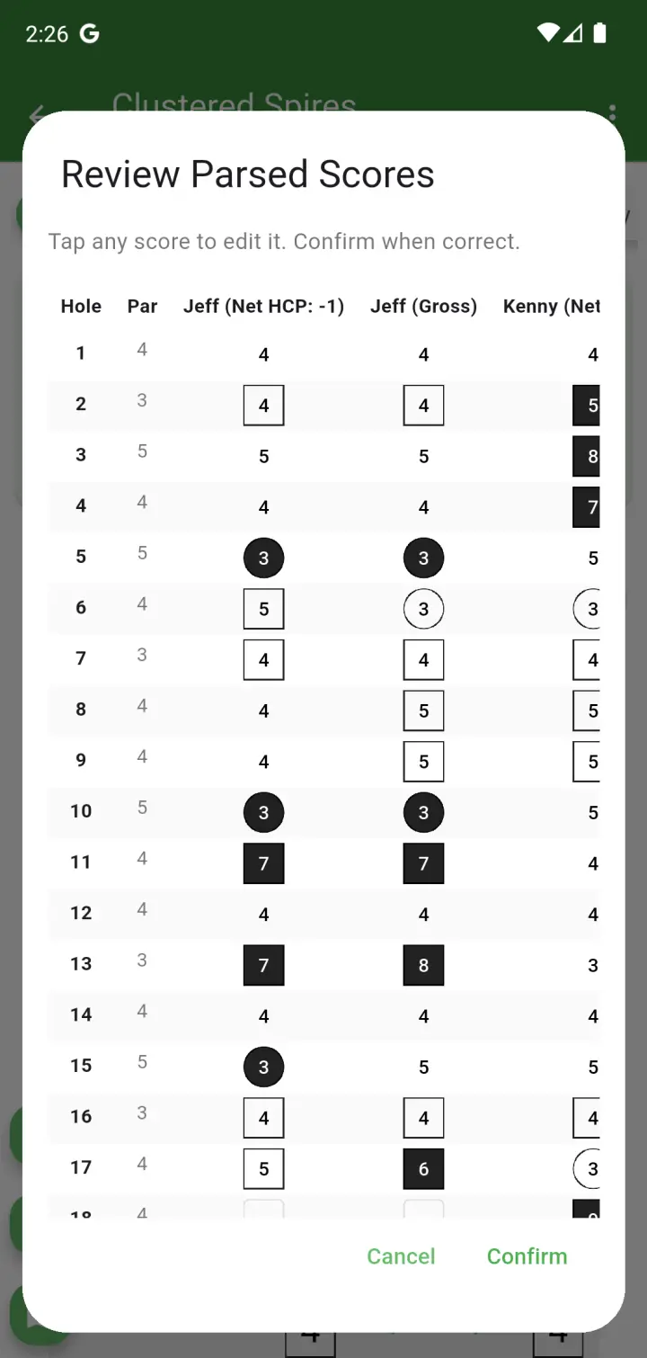 Review parsed scores dialog