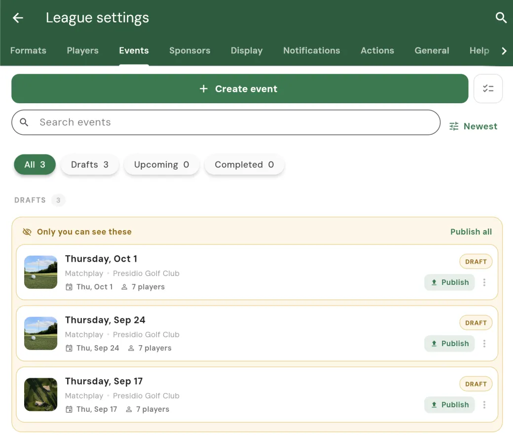 A league's draft events in Squabbit, visible only to admins until they are published