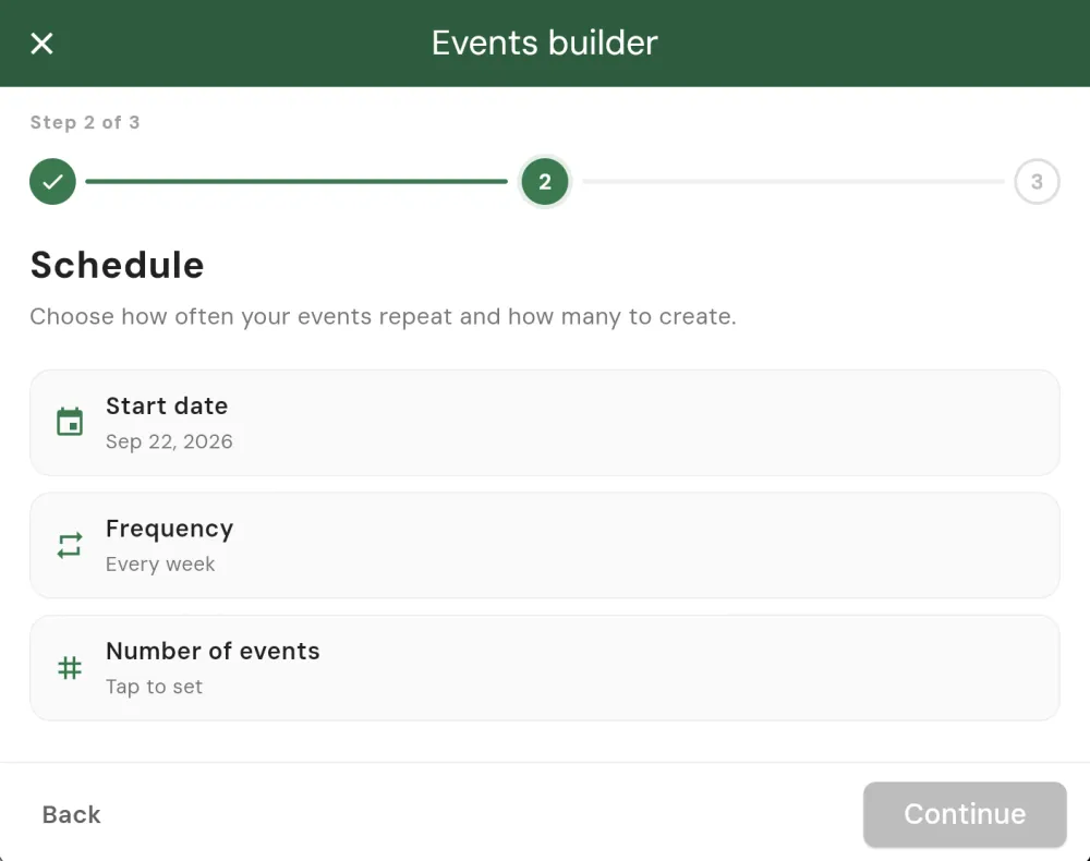 The Squabbit Events builder wizard, setting the schedule for a season of league events