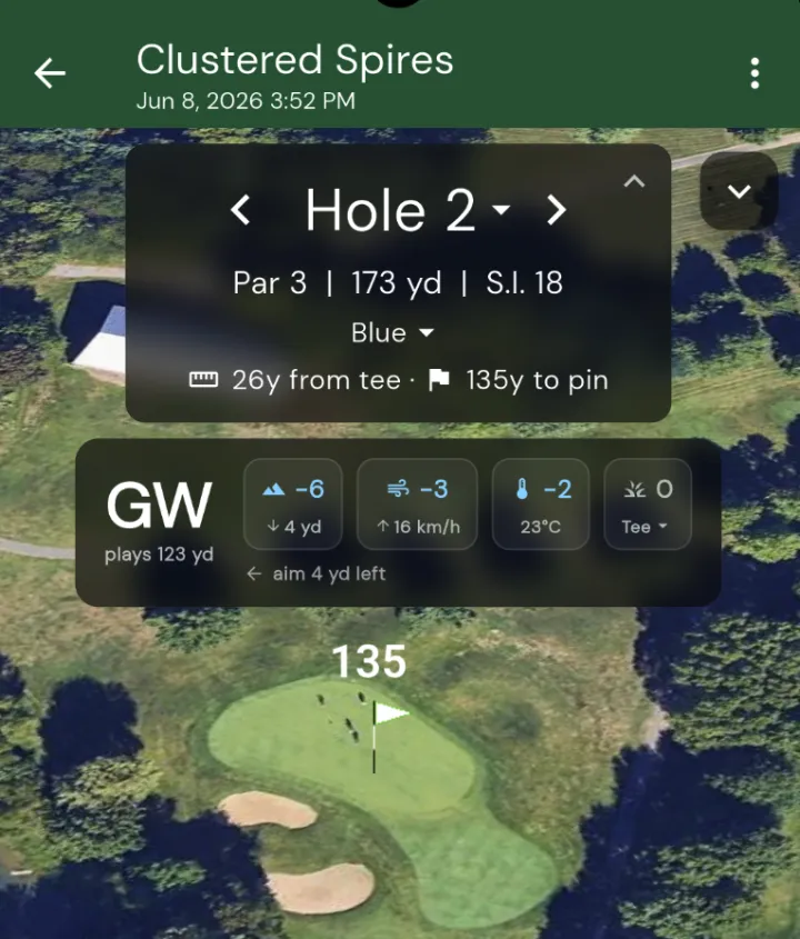Squabbit showing the plays-like distance to the pin with elevation, wind, air, and lie factor cards