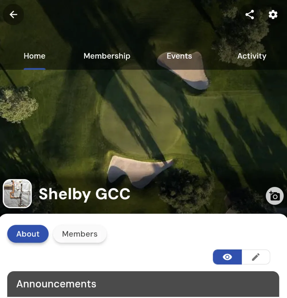 A Squabbit club home page with Home, Membership, Events, and Activity tabs and a branded header showing the club's logo and accent color