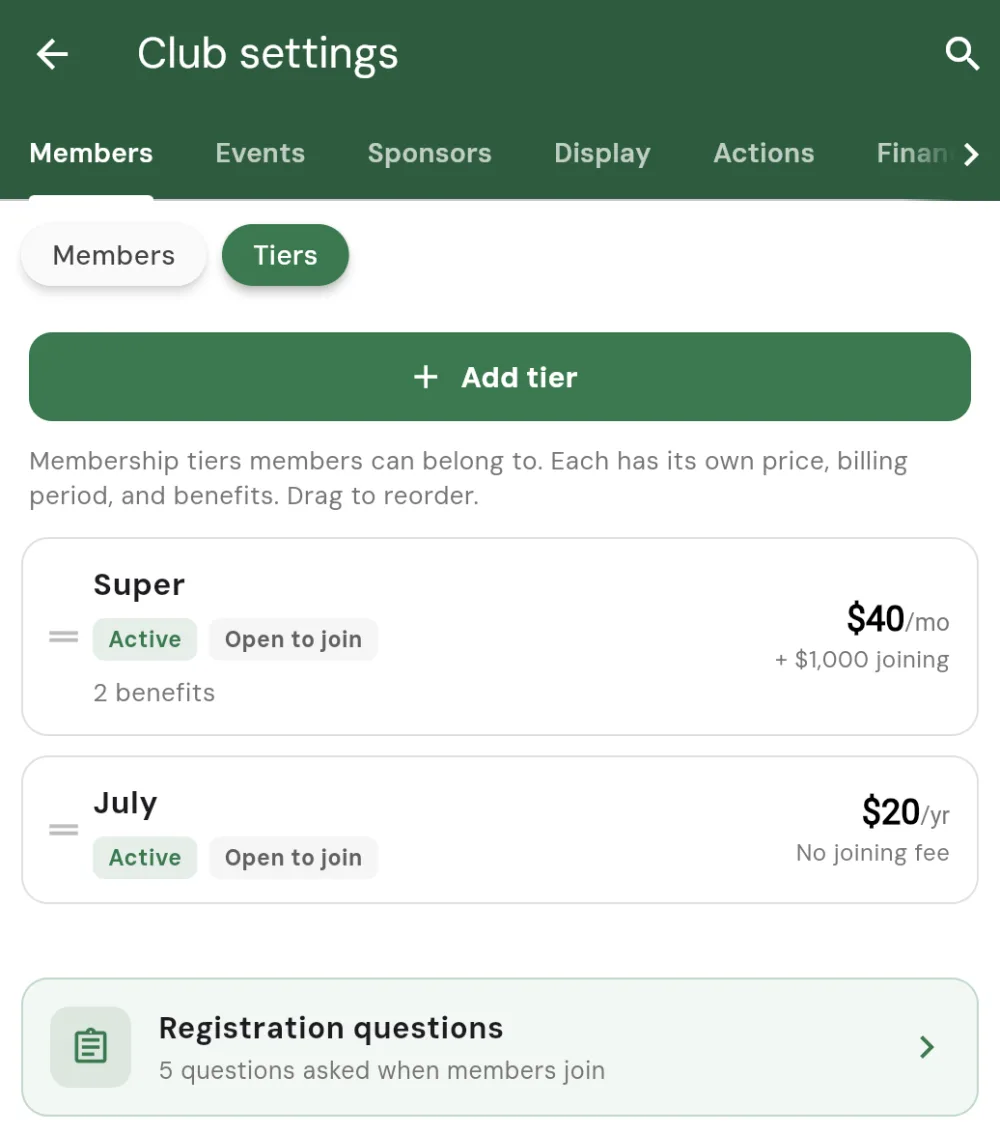The membership Tiers setup screen in club settings, with an Add tier button and tiers listed, each showing its price, billing period, and joining fee