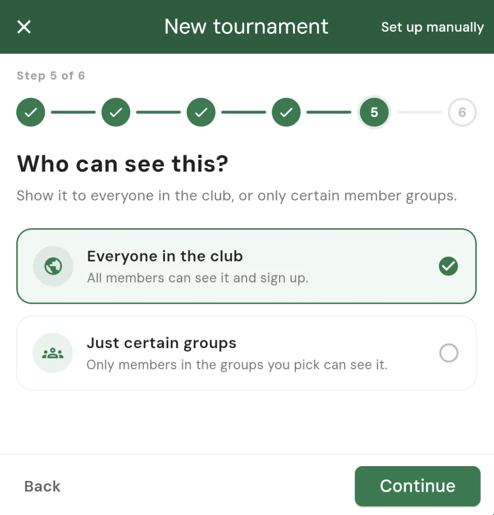 The Who can see this? event visibility step when creating a club event, with Everyone in the club selected and a Just certain groups option to restrict it
