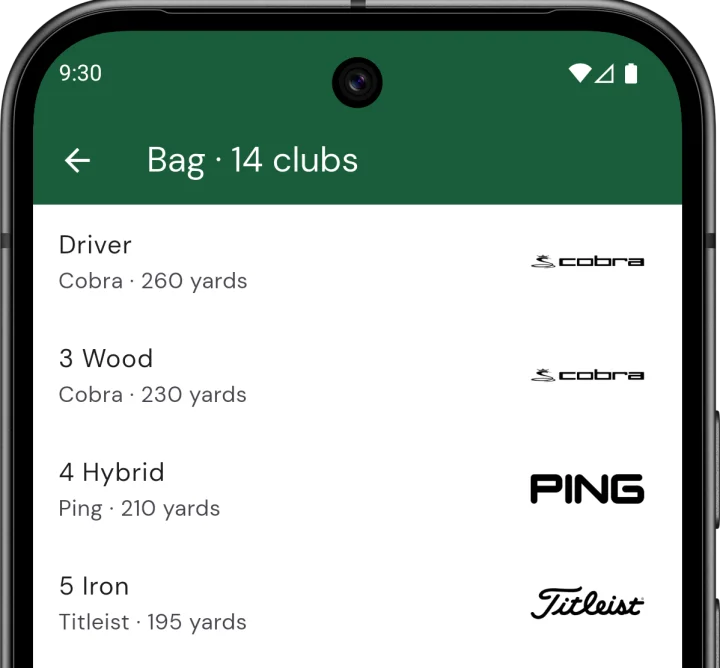 Bag screen on Squabbit showing Driver, 3 Wood, 4 Hybrid, and 5 Iron with manufacturer logos and yardages