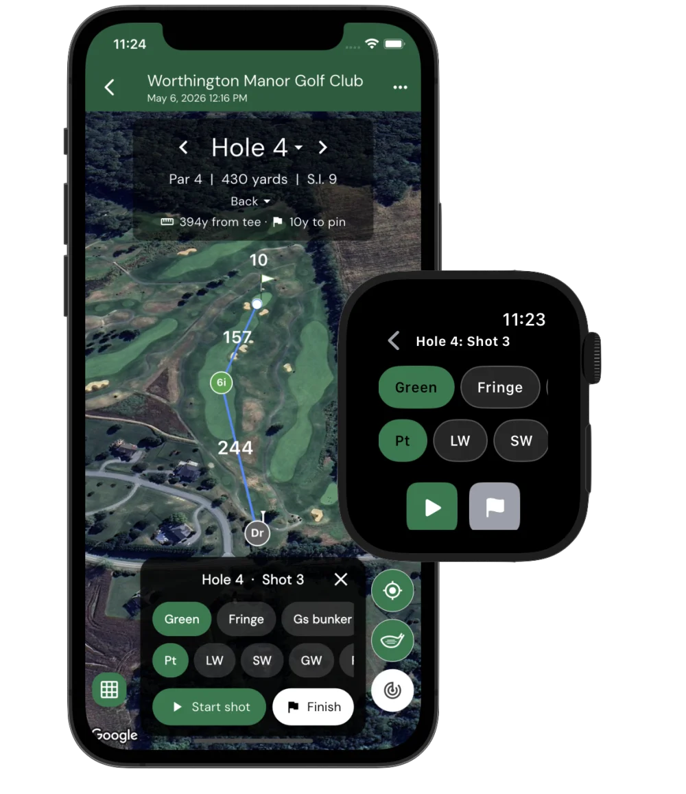 Apple Watch overlaid on an iPhone, both showing the Squabbit shot tracker on the same par 4 — phone has Driver and 6 iron shots drawn on the map, watch shows the lie and club picker for the next shot