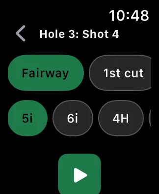 Apple Watch shot tracker picker showing Fairway lie selected and 5 iron pre-picked for the upcoming approach shot