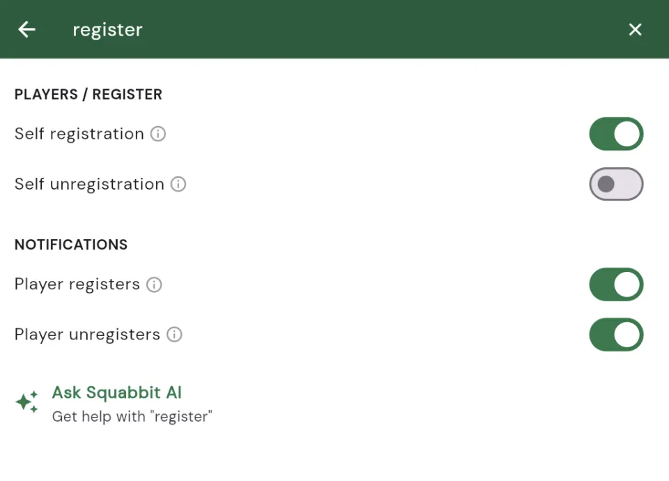 Searching tournament settings for register, with matching options filtered as you type