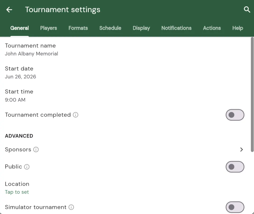 The redesigned tournament settings, organized into tabs