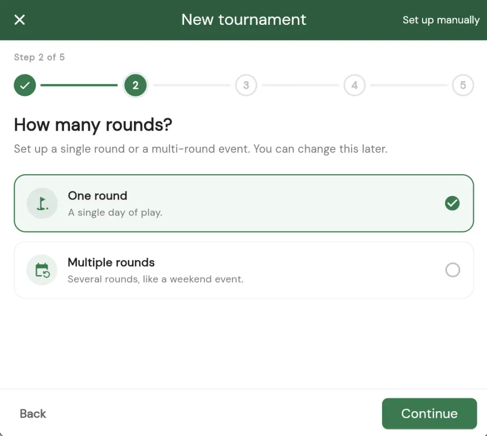 The create-a-tournament wizard, step 2 of 5: How many rounds, with One round or Multiple rounds options
