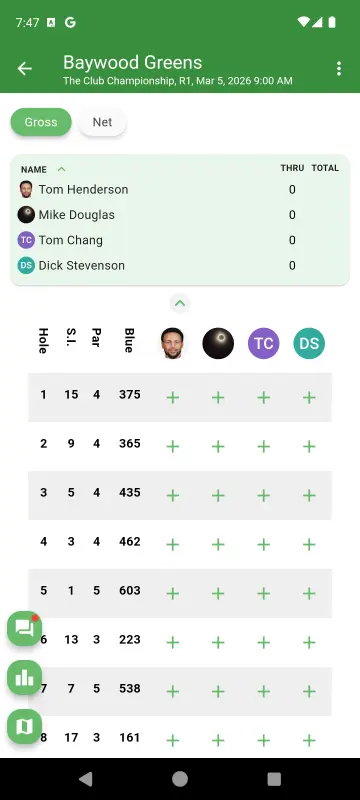 Scorecard with green + buttons for entering scores